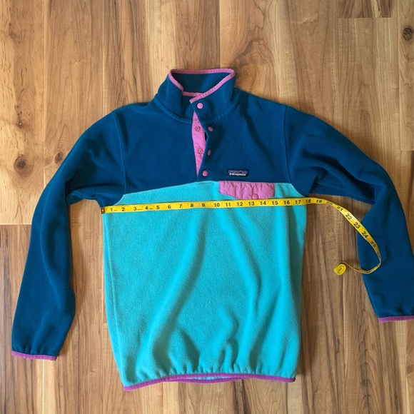 Patagonia Fleece Synchilla Sweater Aqua Turquoise Blue and Pink Colorblock - Picture 10 of 11